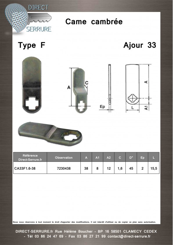 Came cambrée CA33F1.6-38 - plan technique