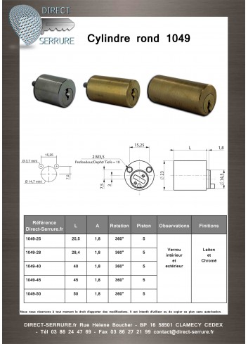Cylindre rond pour verrou 1049-25 plan technique