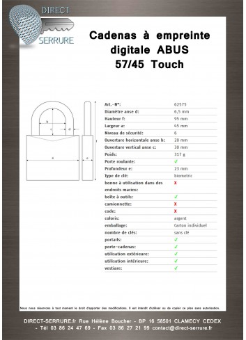 Cadenas à empreinte digitale ABUS Touch plan technique 57/45