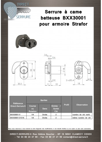Serrure à came batteuse pour armoire Strafor BXX30001 - Plan Technique