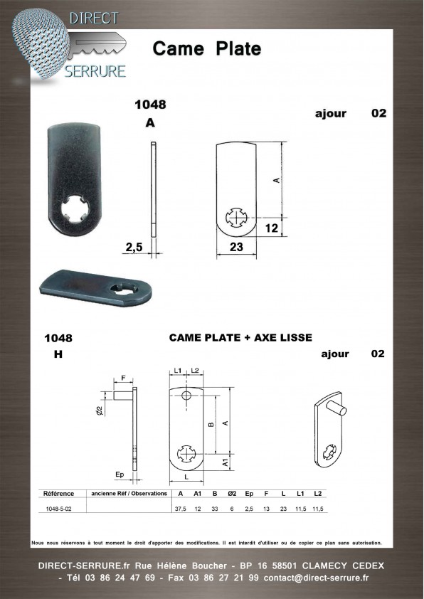 Came serrure 1048 - plan technique