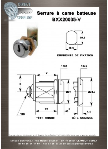 Serrure à came batteuse BXX20035-V n° gamme électrique - Plan Technique