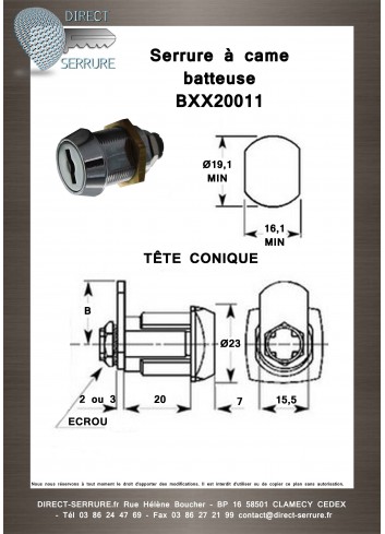 Serrure came batteuse BXX20011 - Plan Technique