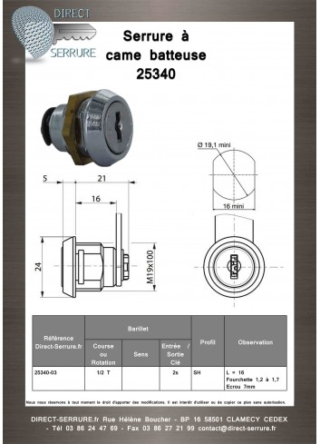 Serrure came batteuse 25340-03 - plan technique