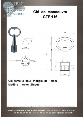 Clé CTFH16 acier à triangle femelle de 16mm - Plan Technique