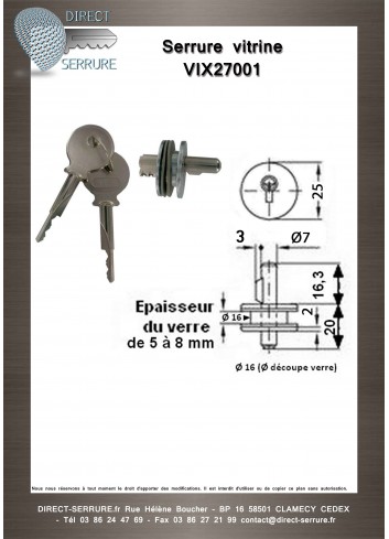 Serrure vitrine VIX27001 à cylindre pour porte en verre - Plan Technique