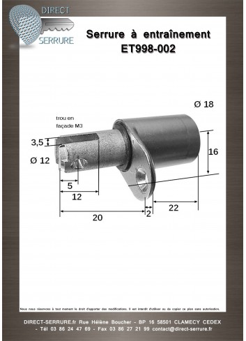 Serrure entraînement ET998-002 pour meuble - Plan Technique