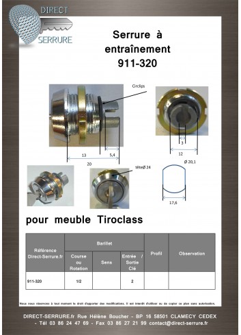 Serrure à entraînement pour meuble 911-320 - Plan Technique