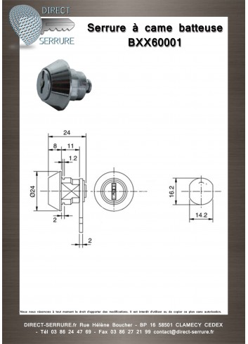 Serrure à came batteuse BXX60001 - Plan Technique