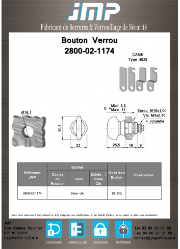 Bouton verrou 2800-02-1174 serrure coffret électrique - Plan Technique