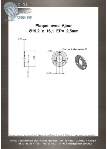 Plaque PLAQ-000600 avec ajour Ø19,6 x 16,1 - Plan Technique
