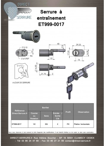 Serrure à entraînement pour meuble ET999-0017 - plan technique