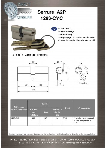 Cylindre anti-bumping 1263-CYC avec carte de propriété A2P - Plan Technique