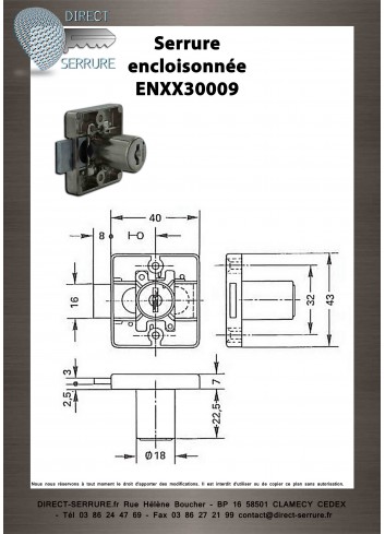 Serrure encloisonnée ENXX30009 porte droite Ø 18 - Plan Technique