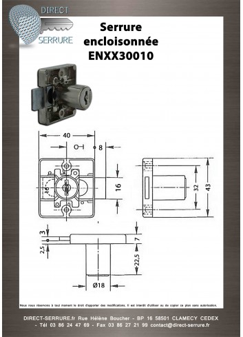 Serrure encloisonnée ENXX30010 porte gauche Ø 16,5 - Plan Technique