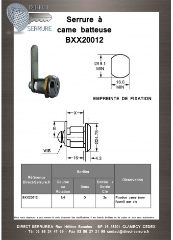 Serrure à came batteuse - BXX20012 lg 16 mm - Plan Technique