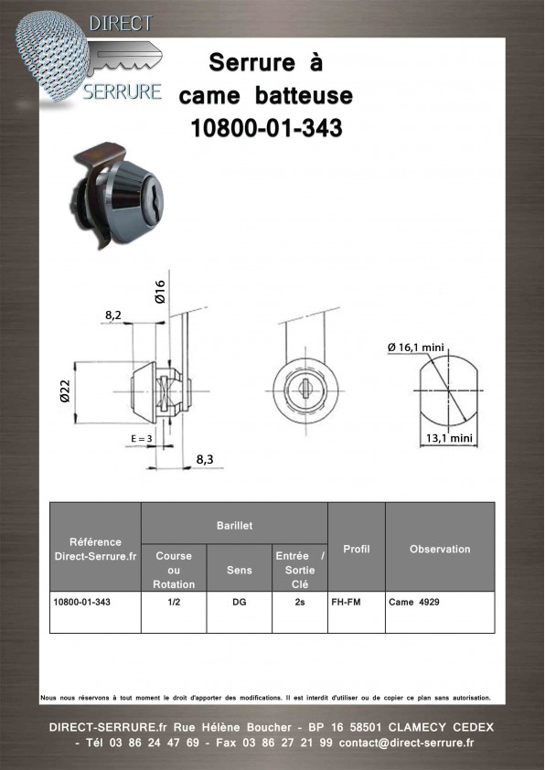 Serrure à came batteuse 10800-01 - Plan Technique