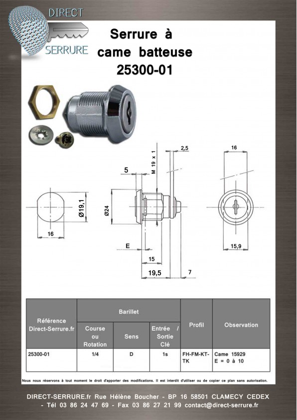 Serrure à came batteuse 25300-01 - Plan Technique