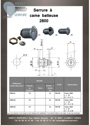 Serrure à came batteuse 2800-01 - Plan Technique