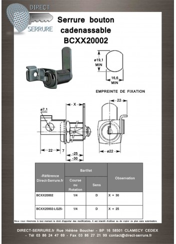 Serrure bouton cadenassables BCXX20002 - Plan Technique