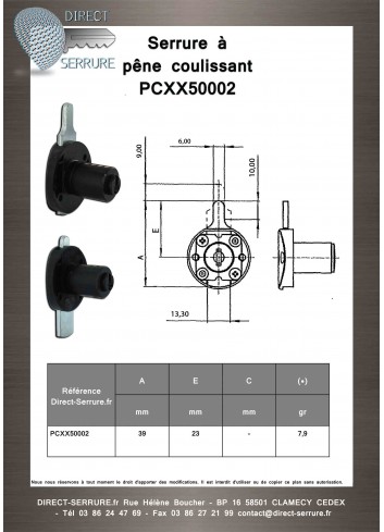 Serrure à pêne coulissant PCXX50002 - Plan Technique