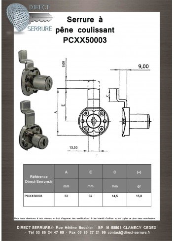Serrure à pêne coulissant PCXX50003 - Plan Technique
