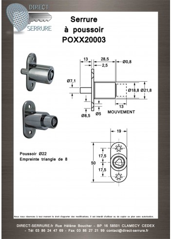 Serrure à poussoir POXX20003 à triangle de 8 - Plan Technique