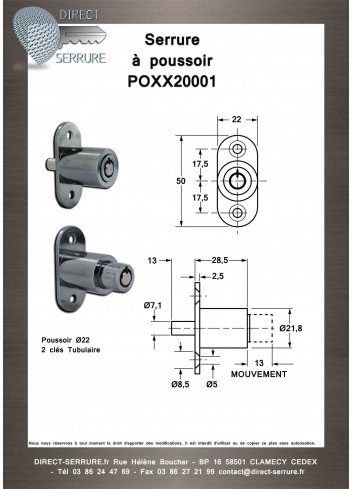 Serrure à poussoir POXX20001 - Clé tubulaire - Plan Technique